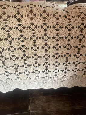 Vintage 30 year old Handmade Crochet Lace Table Cloth/ Duvet  52 by 86 inches
